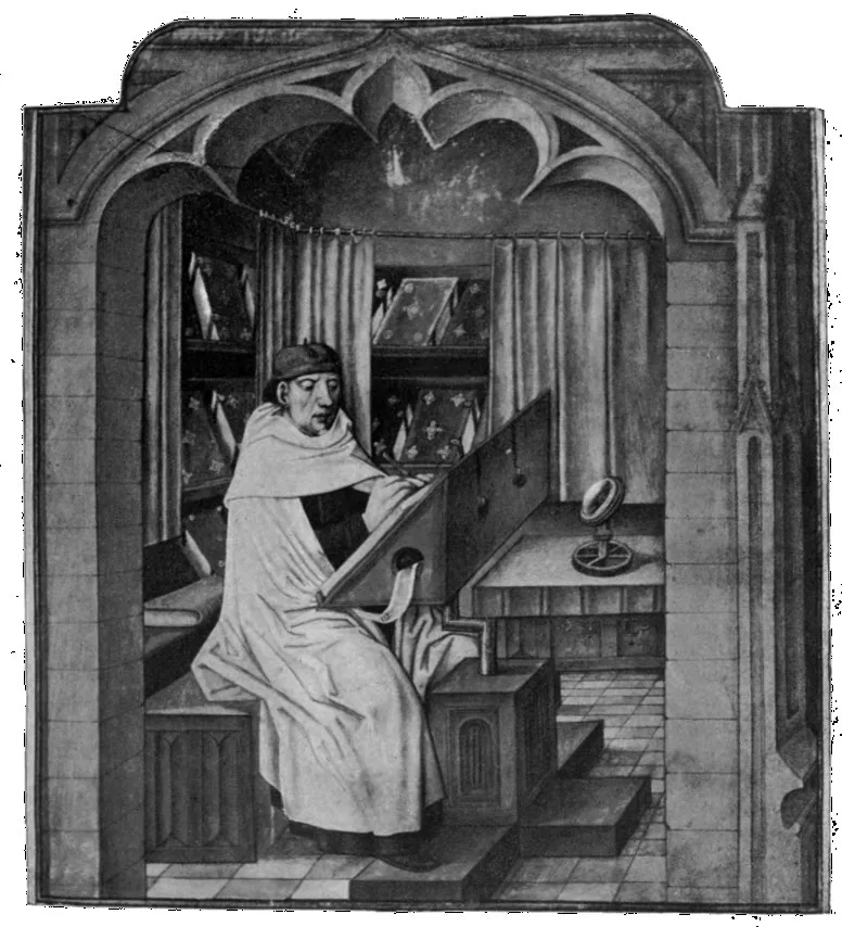 A Carmelite in his study — from Ernest Savage, Old English Libraries (1911)