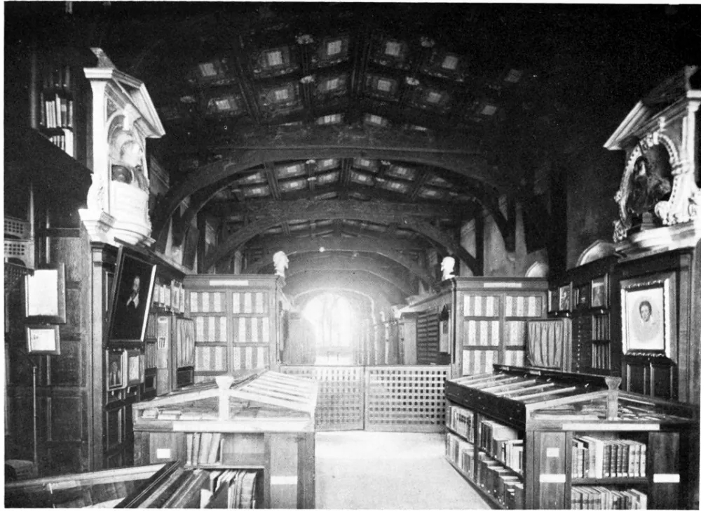 Photograph of Duke Humfrey’s Library in Oxford, with long shelves of old books