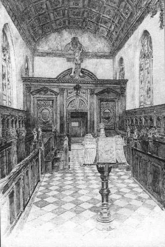 Pen drawing of the chapel interior at Lincoln College, Oxford