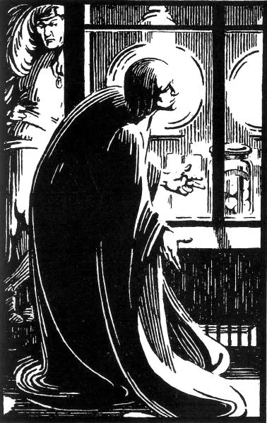 Ink illustration of a gentleman in a cloak speaking to a chemist at his shop counter