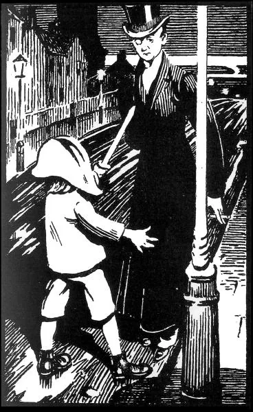 Ink illustration of a London street scene with a boy and a gentleman in a top hat
