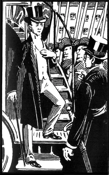 Ink illustration of a king in a top hat stepping off a London omnibus