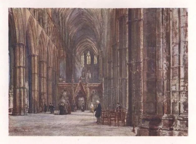 Watercolour of the nave of Westminster Abbey looking east